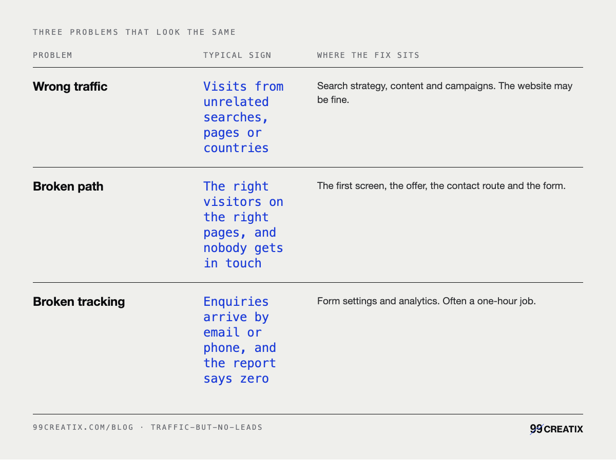 Three problems that look the same: Wrong traffic Visits from unrelated searches, pages or countries; Broken path The right visitors on the right pages, and nobody gets in touch; Broken tracking Enquiries arrive by email or phone, and the re
